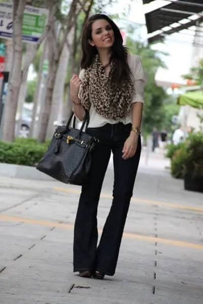 White Blouse with Black Pants & Cheetah Scarf