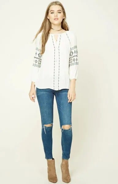 White Peasant Top with Blue Jeans & Brown Suede Boots