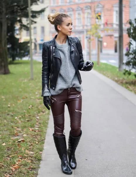 Black Biker Jacket with Grey Crew Neck Pullover Sweater