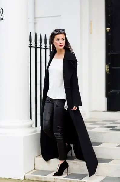 Maxi Coat with White Chiffon Square Neck Top & Leather Leggings