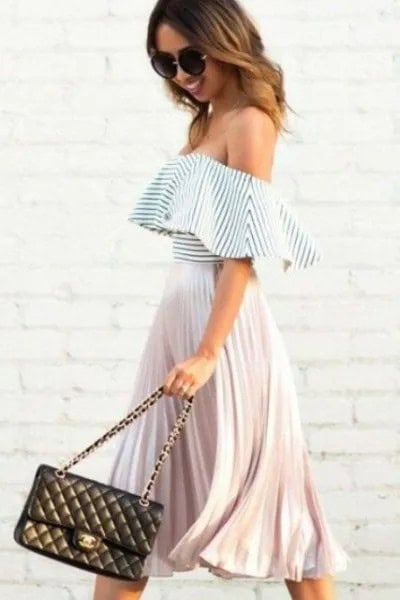 Black and White Striped Top with Pleated Skirt