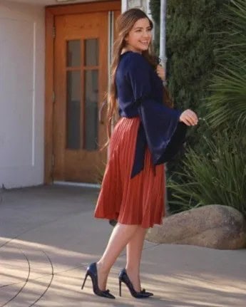 Red Pleated Skirt with Navy Bell Sleeve Blouse