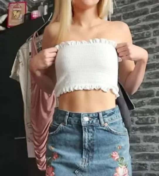 White Strapless Crop Top with Blue Denim Mini Embroidered Skirt