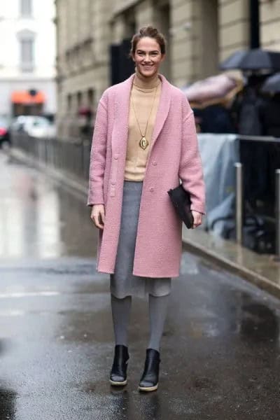 Pink Wool Long Coat with Yellow Sweater & Grey Midi Skirt