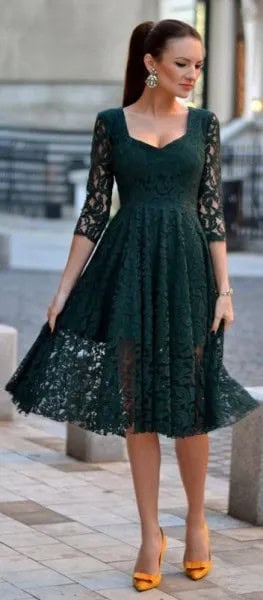 Dark Green Three Quarter Sleeve Lace Fit and Flare Midi Dress with Yellow Heels