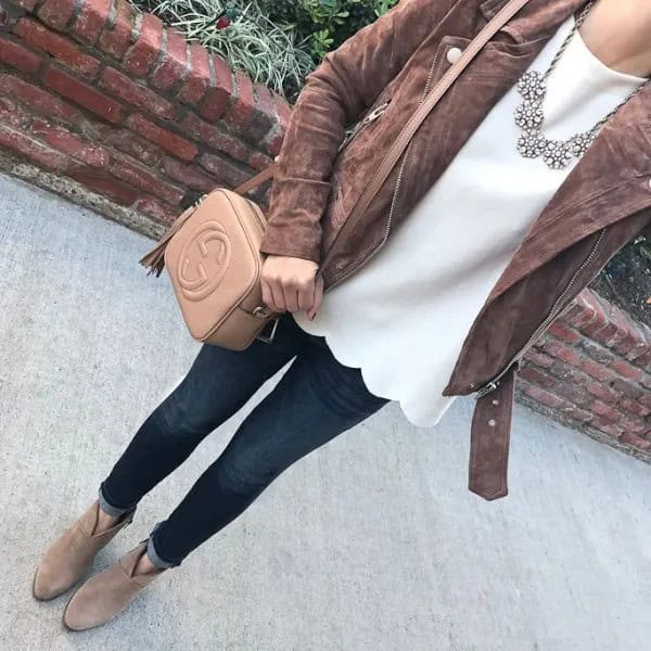 Grey Matte Leather Jacket with White Scalloped Blouse