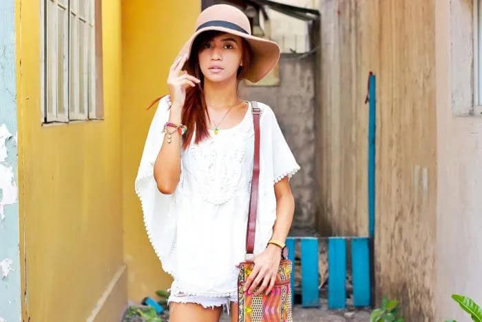 White Batwing Peasant Top with Mini Denim Shorts