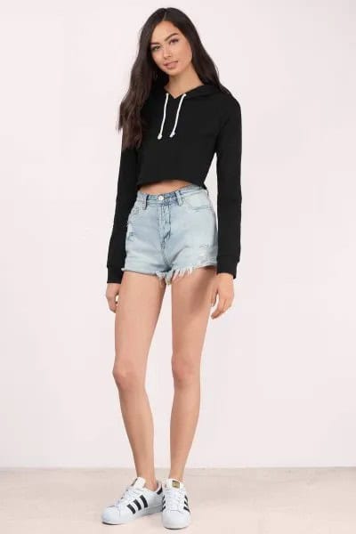 Black Cropped Hoodie with Denim Shorts & White Sneakers