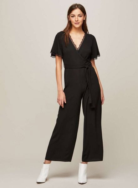 Black Scalloped V Neck Jumpsuit