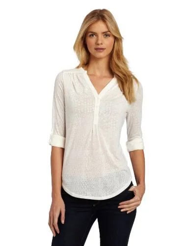 White Semi-Sheer Henley Shirt with Black Skinny Jeans