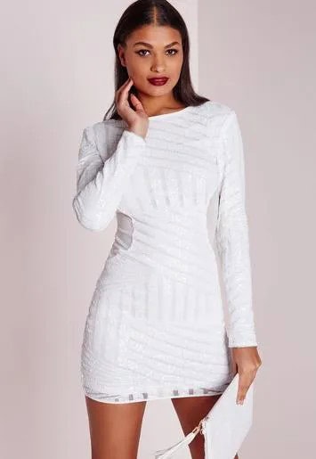 White Long Sleeve Bodycon Mini Dress with Subtle Pattern