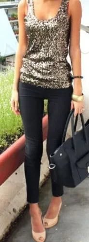 Silver Sequin Scoop Neck Vest Top with Black Skinny Jeans