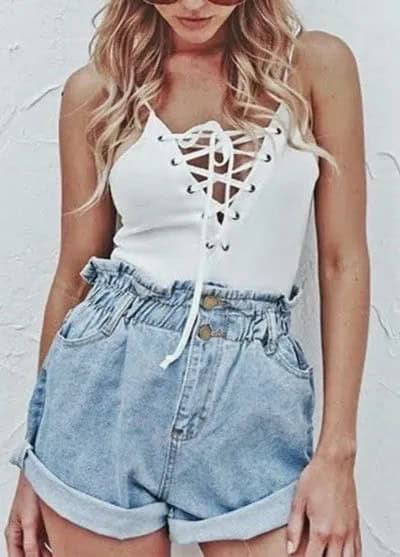 White Lace Up Spaghetti Strap Top with Blue Elastic Waist Denim Shorts