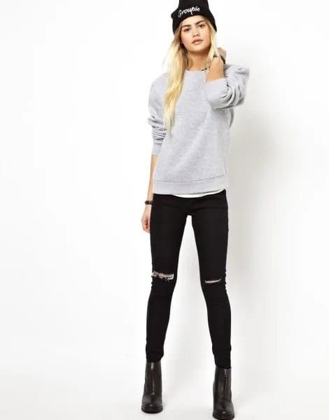 Grey Sweatshirt with Ripped Skinny Black Jeans & Knit Hat