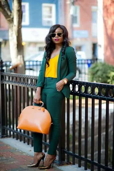 Lemon Yellow Tank Top with Dark Suit & Bronze Heels