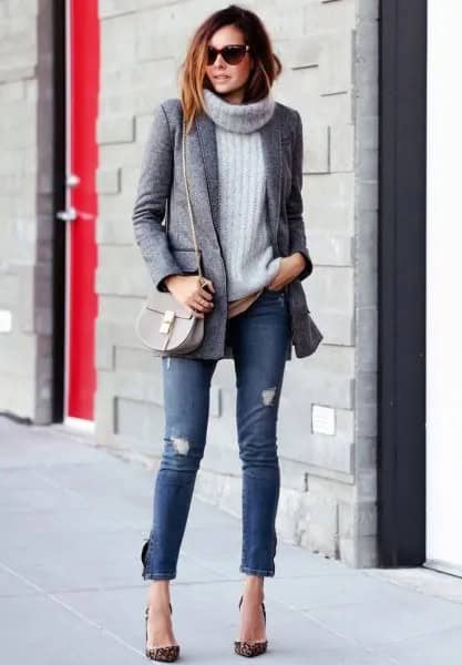 Grey Tweed Boyfriend Blazer with Turtleneck Ribbed Chunky Sweater