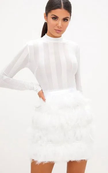 White Semi-Sheer Striped Bodycon Mini Feather Dress