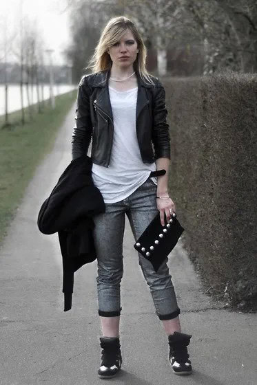 Wear with White Long Tee & Black Leather Jacket