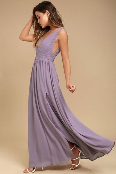 Light Purple Deep V Neck Floor Length Pleated Dress