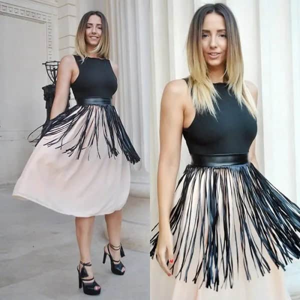 Black Fringe Belt with White Chiffon Flared Midi Skirt