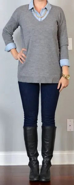 Grey V Neck Sweater with Black Leather Knee High Boots