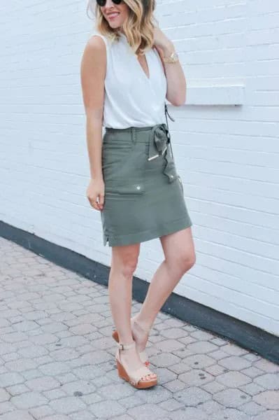 White Tank Top with Grey Cargo High Rise Mini Skirt