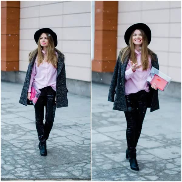 Light Pink Button Up Shirt with Black Velvet Jacket & Felt Hat