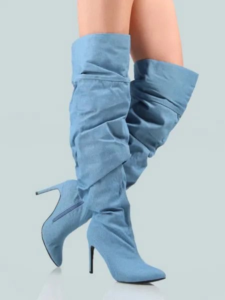 Light Blue Heeled Denim Knee High Boots with Black Mini Shorts & White Tee