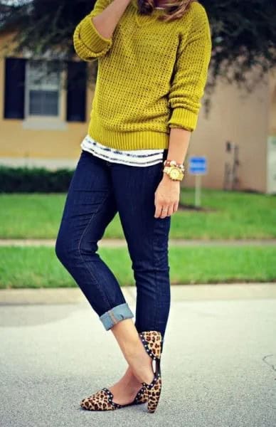 Mustard Yellow Sweater with Dark Blue Cuffed Skinny Jeans & Animal Print Flat Shoes