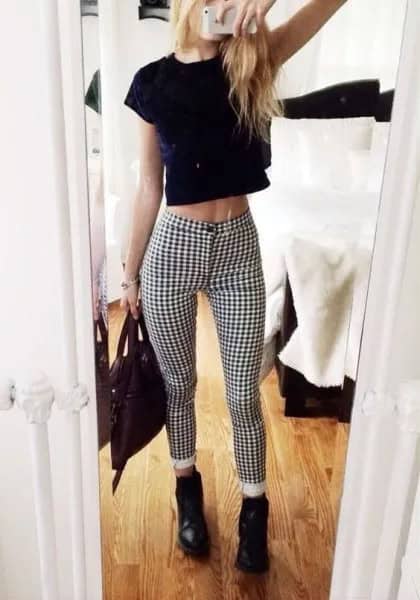 Black Cropped T Shirt with Skinny Checkered Pants