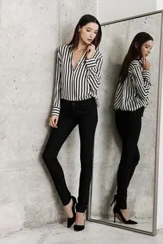 Black and White Striped Long Sleeve Blouse with Chinos