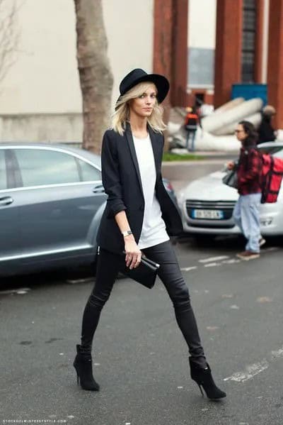 Black Felt Hat with Blazer & Coated Skinny Jeans