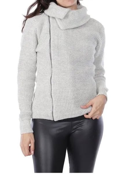 Grey Asymmetric Knit Jacket with Black Leather Leggings