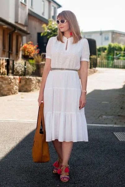 White Key Hole Gathered Waist Midi Ruffle Dress