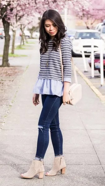 Grey and White Striped Top over Light Blue Peplum Blouse