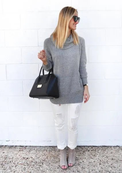 Grey Chunky Sweater with White Straight Leg Ripped Jeans