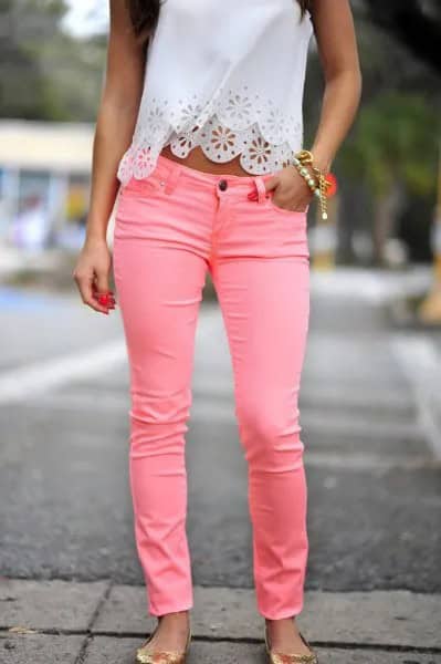 White Lace Cropped Halter Top with Pink Jeans