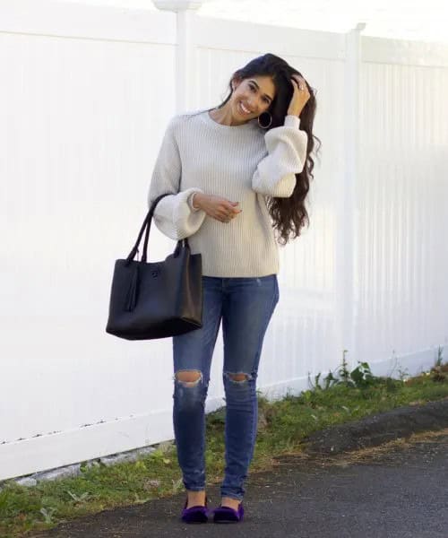 Light Grey Crew Neck Sweater with Ripped Jeans & Navy Blue Velvet Flats