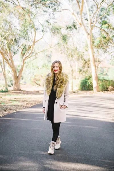 Faux Fur Wool Coat with Black Shift Dress & White Duck Boots