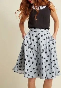 Black Sleeveless Top with White Printed Midi Flared Chiffon Skirt with Pockets