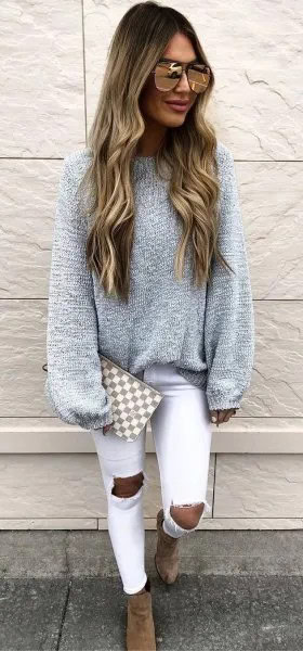 Grey Chunky Sweater with White Heavily Ripped Skinny Jeans