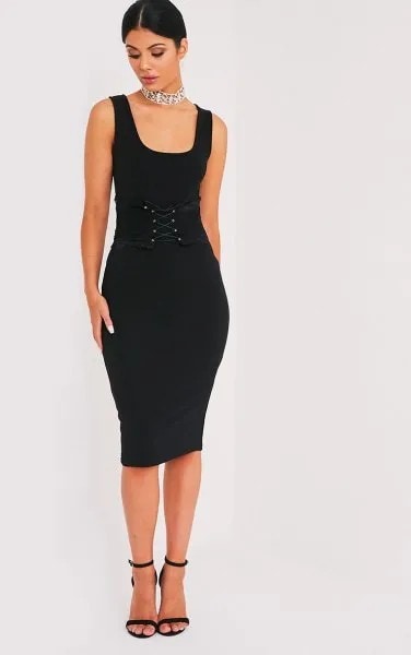 Black Bodycon Midi Dress with Silver Choker Necklace