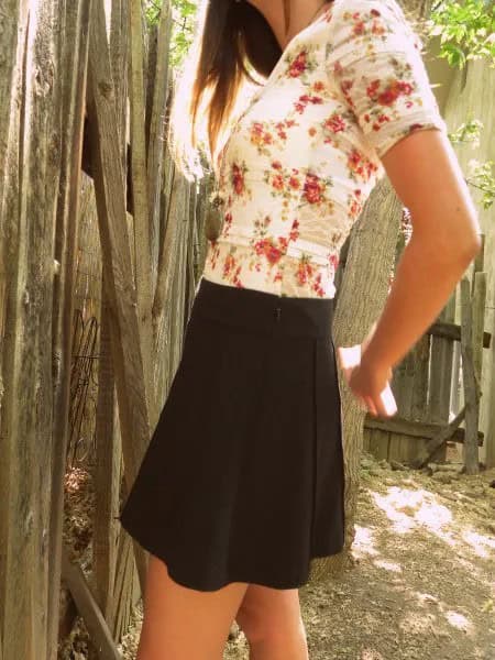 White and Blush Floral Printed Tee with Black Mini Skirt