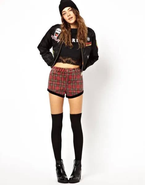 Red Plaid Shorts with Black Bomber Jacket & Cropped Tee