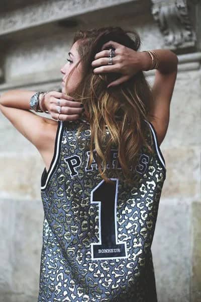 Silver and Pink Basketball Jersey Tank Top with Mini Blue Denim Shorts