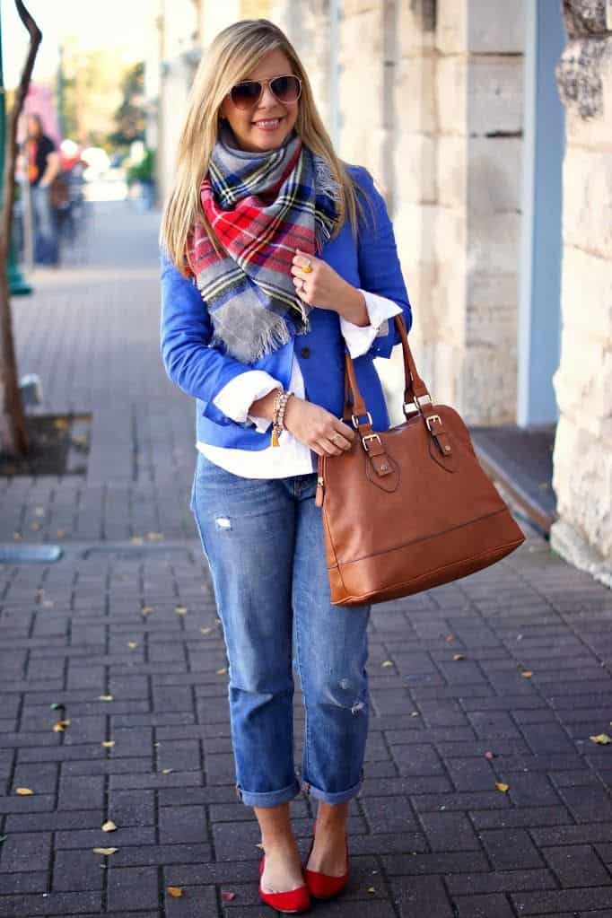 Wear Boyfriend Jeans with a Colorful Scarf