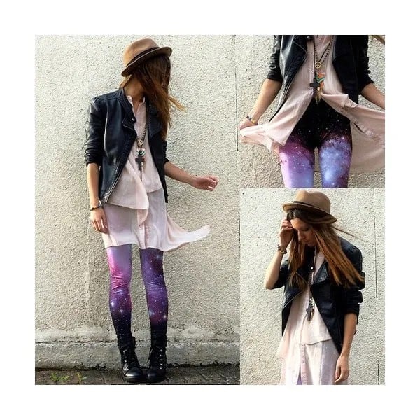 Galaxy Leggings with White Chiffon Shirt Dress & Leather Jacket