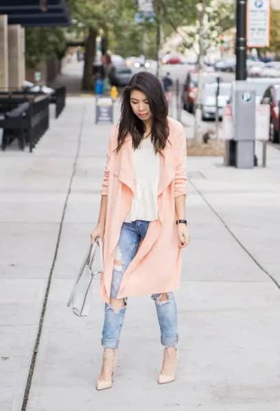 Pale Pink Longline Cardigan with Ripped Boyfriend Jeans