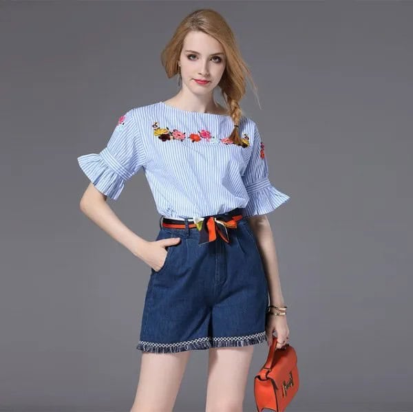 Blue and White Striped Bell Half Sleeve Blouse with Mini Denim Shorts