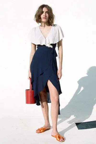 White and Navy Wrap High Low Dress with Gold Slide Sandals